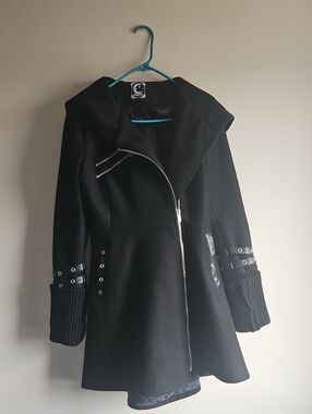 Killstar Black Asymmetrical Zip Hooded Wool-Blend Pea Coat
